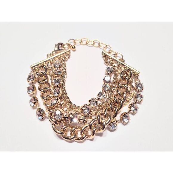 GOLD MULTI CHAIN CRYSTAL STRAND BRACELET NWOT - Picture 1 of 9